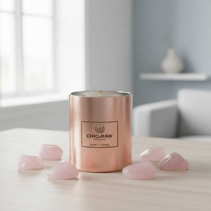 Rose gold candle with a label on a surface with rose quartz crystals in a room setting.