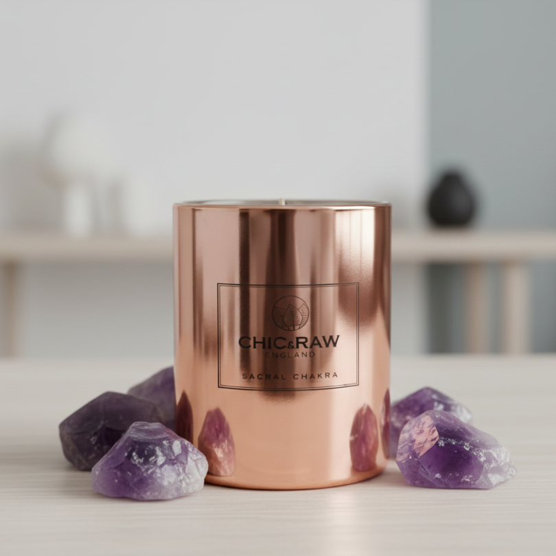 Rose gold candle with 'Chic & Raw' branding surrounded by purple crystals on a neutral background