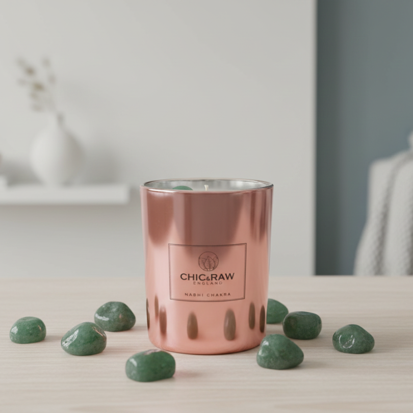 Rose gold candle with green stones on a light surface