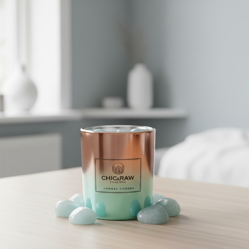 Candle with a rose gold and green design on a table with a blurred background