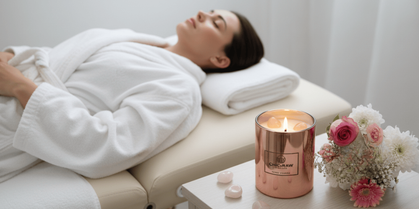 Woman in a white robe lying on a massage table with a lit candle and flowers beside her.