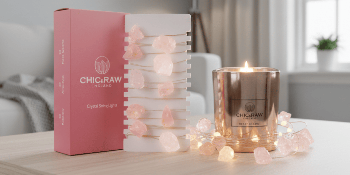 Chic&raw candle and packaging on a table with a blurred background