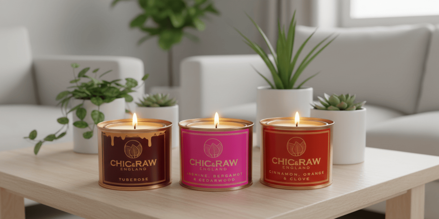 Three candles with 'CHICRAW' branding on a coffee table in a living room setting.