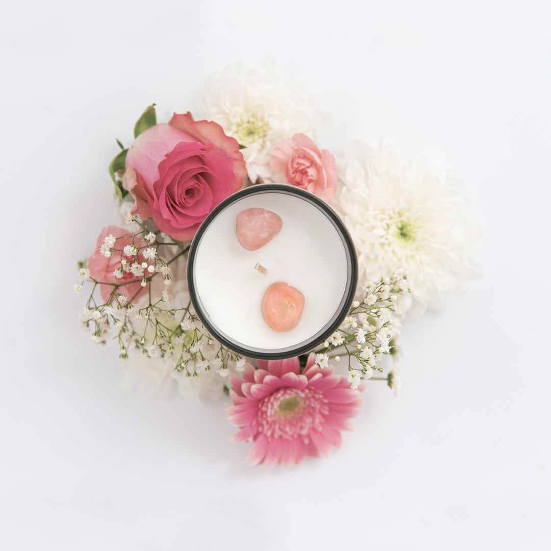 Rose quartz heart chakra candle, luxury crystal candle, heart healing