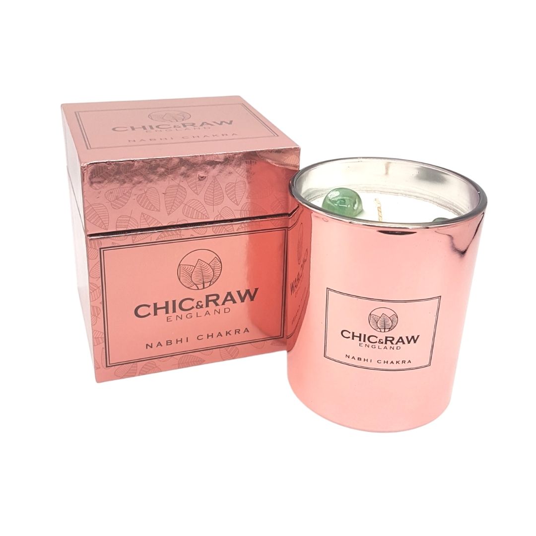 Close-up of green aventurine candle, natural soy wax, chakra therapy